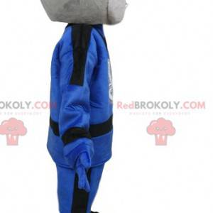 Grijze slang mascotte in blauwe outfit. Snake kostuum -